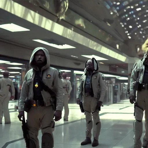 Prompt: LION security guards in a busy alien mall, widescreen, infinity vanishing point, galaxy background, surprise easter egg