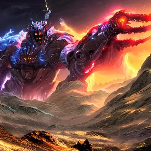 Prompt: Epic mountain with lightning and a tornado, mecha kaiju