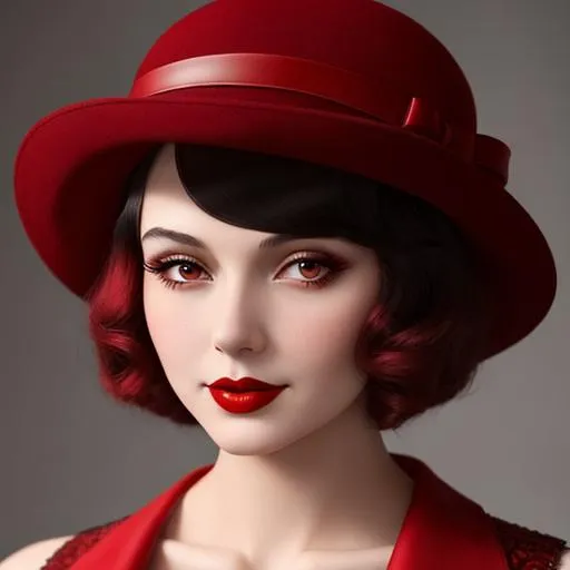 Prompt: a pretty girl  dressed in red, wearing a  large red hat 1920's era, bob hair cut, 1950's era makeup, facial closeup