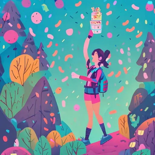 Prompt: an illustration of a hiker who is female, hiking in the woods who is surrounded by cookies and candy in the air around her