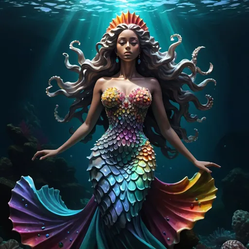 Prompt: Chiaroscuro, digital painting, 8k, HD high quality, Underwater statue of a undersea queen wearing a sea shell inspired dress, flowing hair, covered in colorful gems, dramatic, 