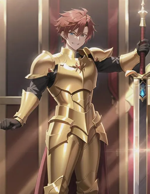 Prompt: 1 guy, red under shirt, Full golden armor, holding great sword, in boss room, amazing lighting, short dark yellow hair,  blue eyes, smiling, looking at viewer, 4k, high resolution, amazing details, perfect body, boss pose