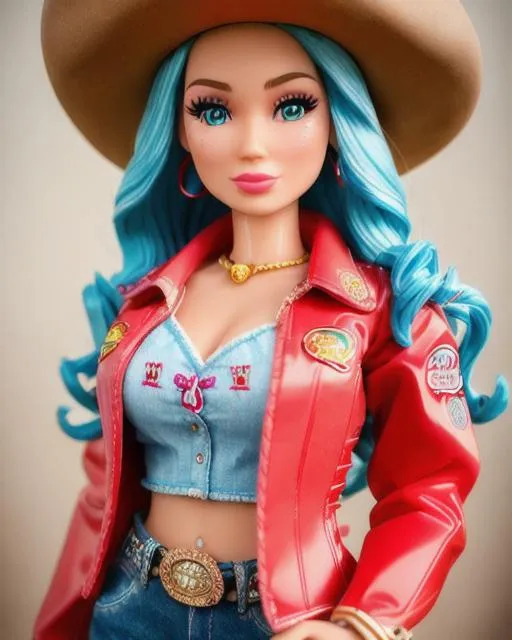 Prompt: upper body, walking pose, slow motion, close up, anatomical cinematic photo of a beautiful cowgirl barbie doll, mix of awkwafina and dolly parton, wavy hair, segmented model, mattel barbie aesthetic, made of plastic, segmented silicone doll, wearing a denim jacket, rustic western clothes, designer jeans, revolver holster, sheer cotton, crimson accent, push up blouse, ultra detailed, detailed plastic skin, studio lighting 