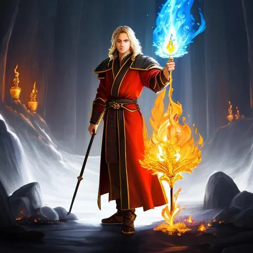 Prompt: Full-body detailed masterpiece, fantasy, high-res, quality upscaled image, perfect composition, head shot, subject of this image is a fire Gensai from dungeons and dragons with their left hand holding a small flame, and a wizard staff being held by their right hand. , athletic torso, 18k composition, 16k, 2D image, cell shaded, athletic torso, desert dunes night time background, red fire aura, desert, night, arcane