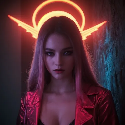 Prompt: beautiful female demon, hell, demonic, vaporwave, retro, neon, aesthetic, liminal, high quality, high definition, beautiful, dramatic lighting