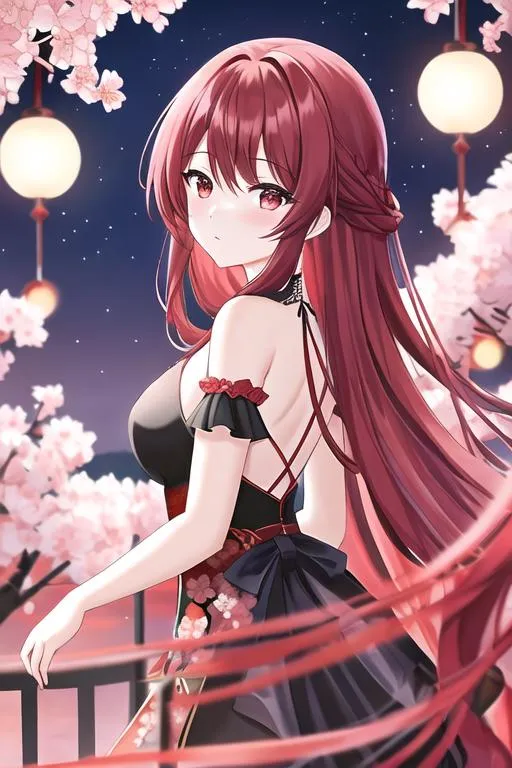 Prompt: red long hair girl wearing detailed black elegant floral gown, covered shoulders, cherry blossom night sky, red moon