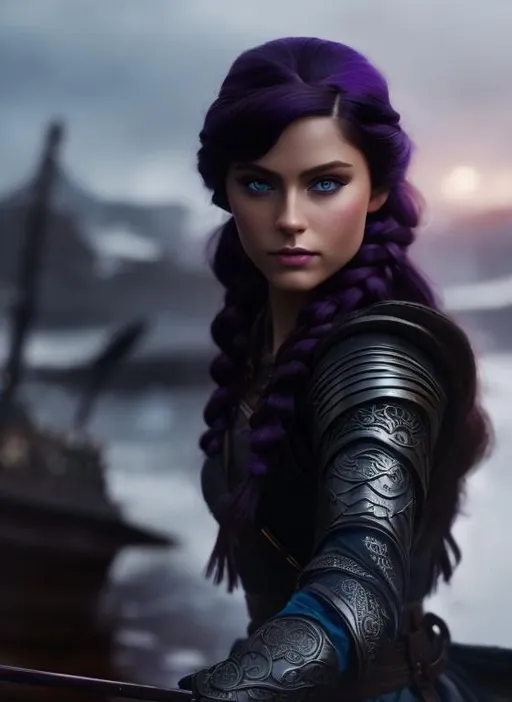 Prompt: she has dark purple hair, one braid in hair, create most beautiful fictional female viking princess warrior, dark purple hair, light blue eyes, extremely detailed environment, detailed background, intricate, detailed skin, professionally color graded, photorealism, 8k, moody lighting