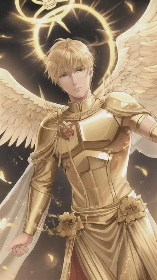 Prompt: Angel, halo, radiant golden light, seraph, six wings, photo realistic, Male, warrior, ancient, wallpaper, St michael, catholic, archangel, handsome, Male face, masculin face, 37 years old, Spears, fire, 16k, full body picture, heavenly, shader, christian, heaven background