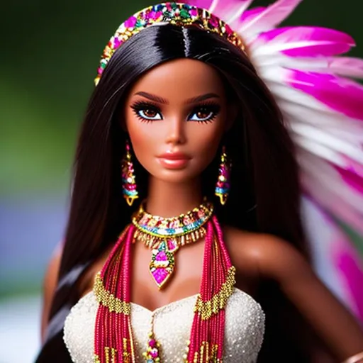 Prompt: Highest quality picture of a very detailed native American  
Barbie princess