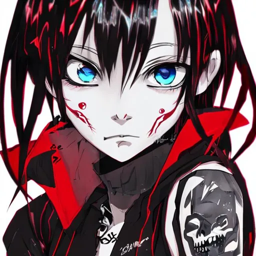Prompt: a emo anime girl with black hair and red highlights, light red eyes, black and red t shirt, and skull earing