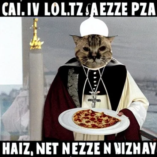 Prompt: lolcat pope eating pizza on a ship