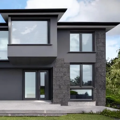 Prompt: Hyper Realistic Photography of the front of a contemporary style house with Anthracite Grey UPVC windows and Modern Style Anthracite Grey Composite Front Door.