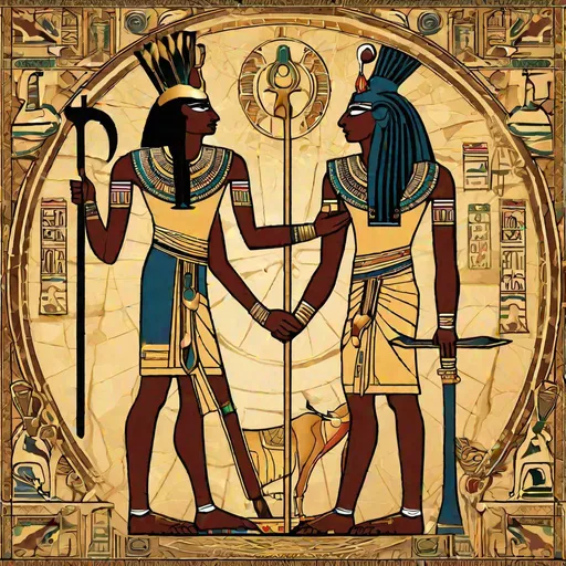 Prompt: A majestic representation of the Egyptian god Horus, depicted as a falcon-headed man holding an Ankh Cross, standing next to the Egyptian goddess Hathor, who is adorned with a Sun disk and cow horns, both set against a backdrop of ancient Egyptian hieroglyphics. Ensure the best resolution and high quality of the exquisite image.