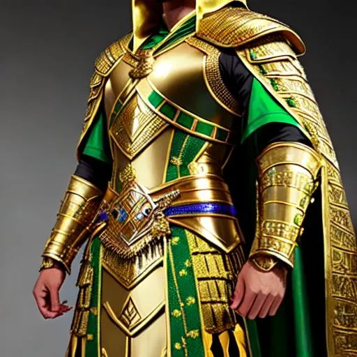 Prompt: green and gold ancient egyptian/medieval arabian scale/chainmail male armor with long green and gold robes with small gold embroidery and with a gold and green sash going over the right shoulder, on a armor stand.