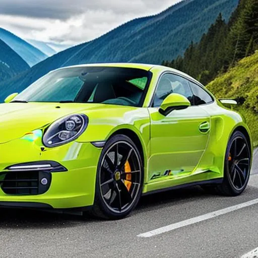 Prompt: Porsche 911 in acid green, fantasy, mountain road, vivid,