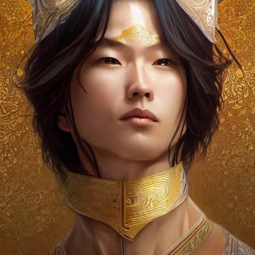 Prompt: perfect masculine face!!, asian, male, masculine body, starry kimono, intricate, magic, elegant, highly detailed, digital painting, artstation, concept art, smooth, sharp focus, illustration, art by artgerm and greg rutkowski and alphonse mucha