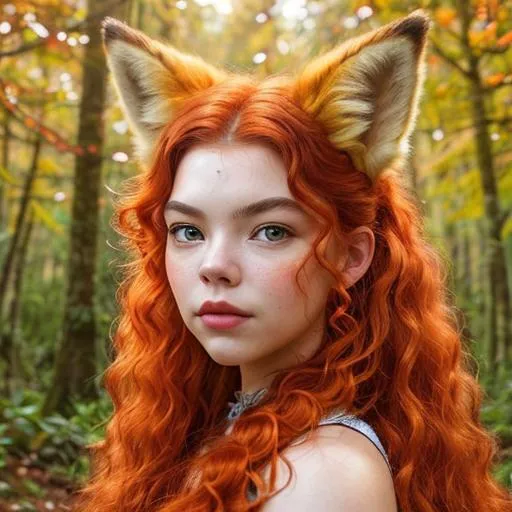 Prompt: Portrait of forest fairy, hairy body of a fox with exuberant bright curly  red fur, with the face of yong, Anya Taylor-Joy bright orange curly lush hair, orange fox ears, all body is covered with bright orange fur, big fox tail behind, Against the background of beautiful spring  forest, , hyperrealism, detailed, realistic face, artstation, The whole body is overgrown with red fox fur, all body covered with orange fur., long shot, beautiful landscape, realistic and natural, detailed full-color, nature, hd photography,  perfect composition, 