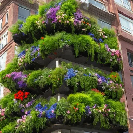 Prompt: vertical gardens with flowers on buildig