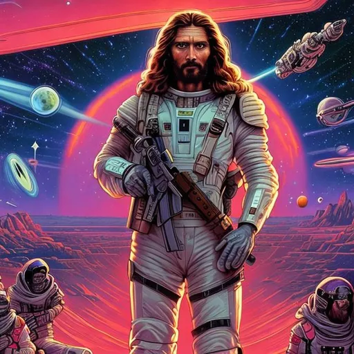 Prompt: widescreen, photo, painting, longshot, wide view, overhead lighting, infinity vanishing point, jesus with Mk 48 machine gun, with jesus in spacesuit, in an exotic space cantina, vibrant galaxy background, surprise me