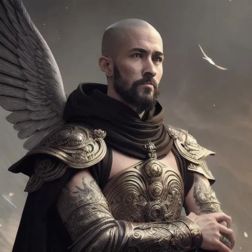 Prompt: Tarot style + handsome male monk+winged and feathered armor+ Full HD render + immense detail + dramatic lighting + well lit + black, character sheet, + fine esoteric symbolism | ultra - detailed realism, soft cinematic lighting, high - quality, engraved | highly detailed |digital painting, artstation, concept art, smooth, sharp focus, Nostalgic, ethereal, nebula, 8k, hyper detailed, intricate detail, photorealistic, space void galaxy universe