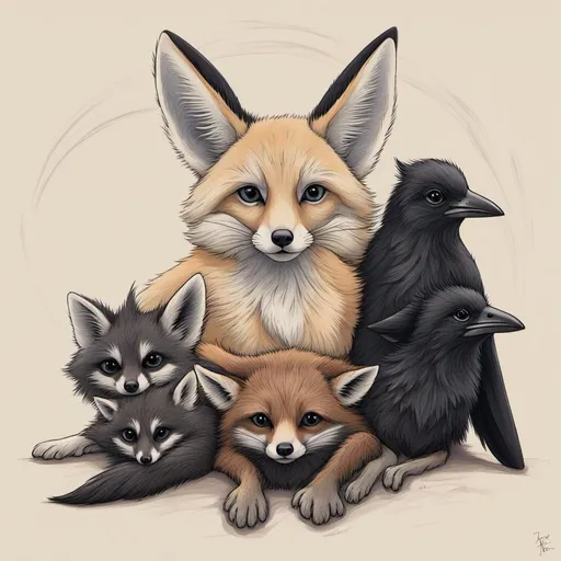 Prompt: fennec fox, raccoon and crow all sat together 
