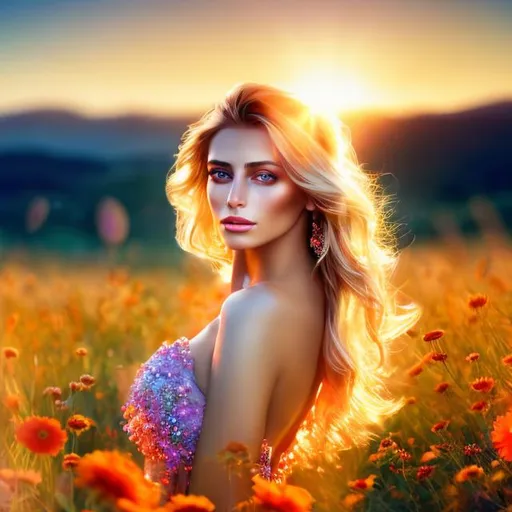 Prompt: HD 4k 3D 8k professional modeling photo hyper realistic beautiful woman ethereal greek goddess of the dawn
blonde hair light brown eyes gorgeous face fair skin shimmering yellow orange pink dress with gems jewelry and tiara full body surrounded by magical glowing light hd landscape background greek countryside sunrise with vibrant wildflowers and birds