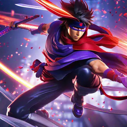 Prompt: Ultra realistic, Close-up shot of Hiryu from Strider videogame, mid air flip wielding katana, (bluish purple sleeveless Strider uniform with red Hi imprint:1.2), red scarf masks face, shin and wrist wraps adjusting grip, impact with cybernetic ninja creates explosion of sparks, steel plates deflecting blade strike, slit eyes narrow in concentration, blade cuts Motoshi bots in half spraying oil, attention to wear patterns on uniform and metal glints along blade edge, japan, steampunk, tokyo steampunk background with flying ship, fantasy, 8k, featured on artstation