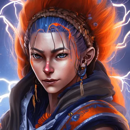 Prompt: 
female, 30 year old, 170cm, long, orange and blue untied hair, with minute black streaks in her hair, deep orange eyes, blue lightning earrings in both ears, white skin, long shot, highest quality, elder scrolls art