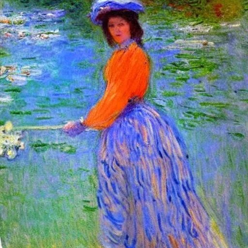 Prompt: create a Monet style painting with a cycle, orange, over side and girl with long hair
