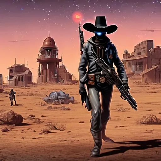 Prompt: A mysterious figure steps out of a spacecraft. It seems that he has landed on the outskirts of an Alien town. The figure pulls out 2 handguns. He readies himself as he walks towards the town, guns in hand. He readjusts his hat. It seems almost like the wild west