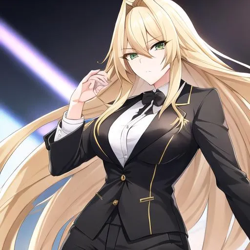 Prompt: Kazumi 1female. Long Blonde hair that stops at her shoulders. Sharp and lively green eyes. Wearing a  sleek and stylish ensemble, with a tailored blazer, crisp button-up shirt, and fashionable trousers. UHD, close up, black stylish sunglasses on her head