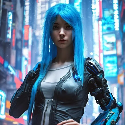 Prompt: Cyberpunk female, blue hair, blue suit