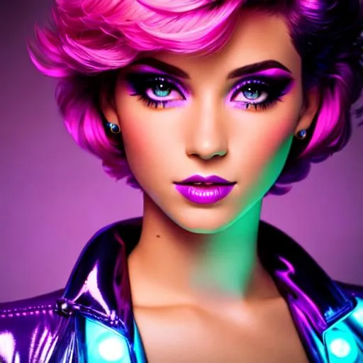 Prompt: neon purple lighting of a girl with very short pink hair , 1980's, disco era, early 80's makeup and hair