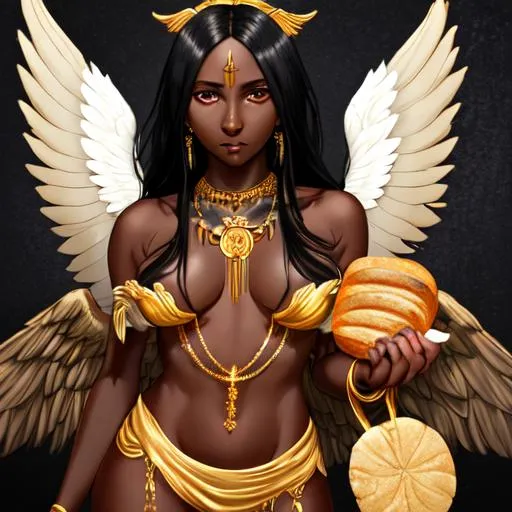 Prompt: Dark skinned woman with vivid golden eyes and long black hair and big white angel wings, timid and shy but she is holding fresh baked bread, gold jewelry and gold flower tattoos on her leg and side