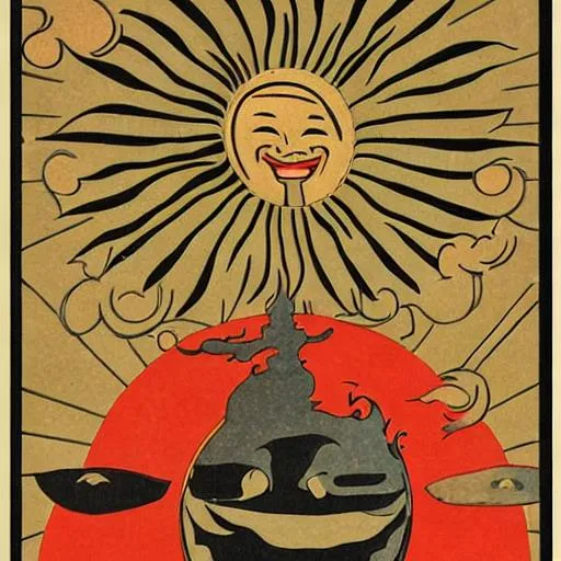 Prompt: 70s poster happy sun in medieval japan style

