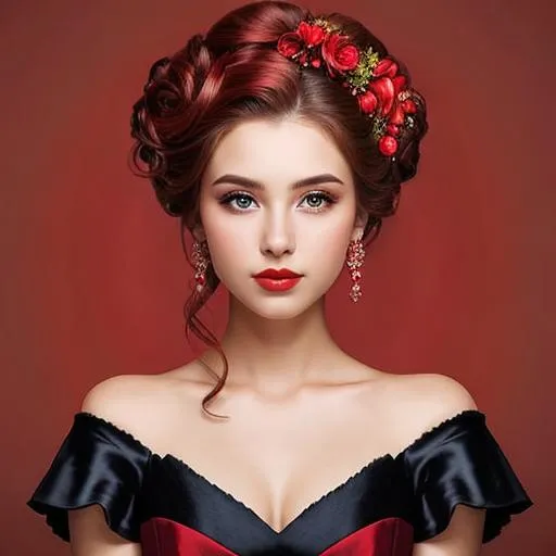 Prompt: Beautiful woman portrait wearing red,elaborate updo hairstyle adorned with flowers