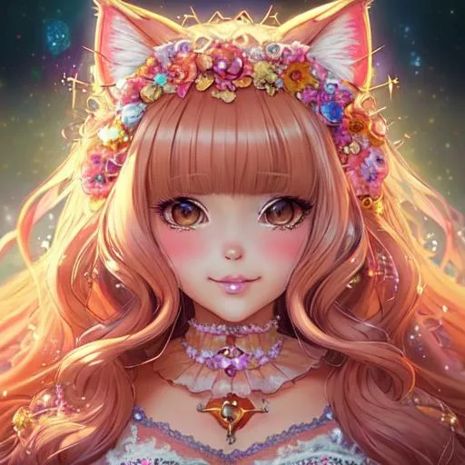 Prompt: Portrait Of A Cute Cat, Fluffy, Long Hair, Hyperdetalization Of Eyes, Lace, Beautiful Dress, Rhinestones, Sequins, Kind Face, Cute Smiles, Soft Facial Features, Thick Eyelashes, Jewelry, Lisa Frank, Anime, Anna Dittmann, Fantasy Art, Concept Art, Colourful Lighting, Golden Hour, anime Character Design, Unreal Engine, Vintage Photography, Beautiful, Tumblr Aesthetic, Retro Vintage Style, Hd Photography, Hyperrealism, Beautiful Watercolor Painting, Realistic, Detailed, Painting By Olga Shvartsur, Svetlana Novikova, Fine Art, Soft Watercolor