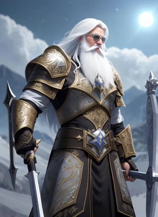 Prompt: paladin, morning star and shield, wielding morning star,  Long beard, white hair, intricate, full body shot, highly detailed, solar eclipse, bright lighting, visible symmetrical face, UHD, single light source, perfect composition, photo real, realistic, super detailed, 8k, high quality, sharp focus, intricate details, highly detailed, masterpiece