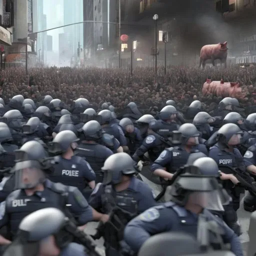 Prompt: bipedal pig-police officers in uniform surrounded by a large crowd of angry, fed up citizens ready to attack them Photo realistic.