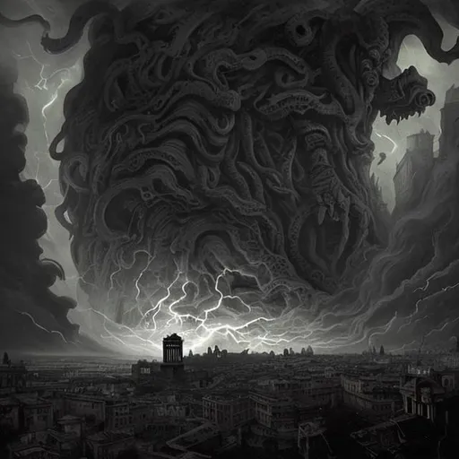Prompt: it's Rome but in a Lovecraft story. Seen by the sky.
With darkness in form of black fog that envelope the city and shadow all around.
The shape of a big monster, with claws dangerous on the city, it is on the background behind the cloud and thunder creates spot of light.
Look like a Dave McKean artstyle
