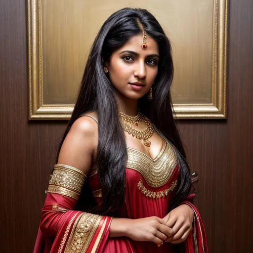 Prompt: Please create a painting , photorealist , realistic , highres, ultra detailed, 8k, uhd, ((Indian woman [gmazzeo], solo, sad, red eyes, medieval dress, perfect body, extra long hair, black hair, medium see-through):1.2), (fullbody view:1.4),