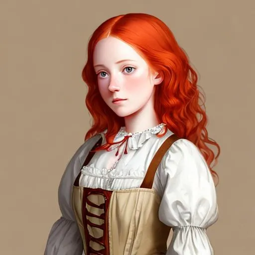 Prompt: portrait of a beautiful redheaded woman who is wearing milkmaid clothes typical of the year 1754 in north american french colonies. Her clothes are plain but beautiful, cg animation, illustration, digital painting.