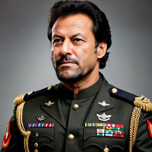 Prompt: Photo realistic bust shot of a imran khan wearing army general uniform, with jet black fade-style puff hair and a short tapered jet black beard, detailed eyes the color of blood, dark smokey background 