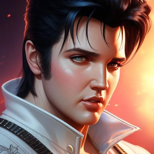 Prompt: Elvis Presley, captured in a detailed 8k resolution render with dynamic lighting and intricate details. Created by renowned artists Greg Rutkowski, Artgerm, and WLOP, the artwork features triadic colors and was made using Unreal Engine 5. It is currently trending on Artstation as a hyperdetailed and intricately detailed splash art.