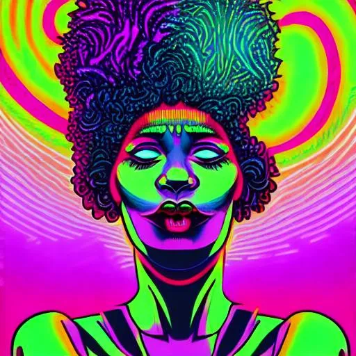 Prompt: Hypnotic illustration of {woman with afro and cigarette in mouth} dancing , hypnotic psychedelic art by Dan Mumford, pop surrealism, dark glow neon paint, mystical, Behance