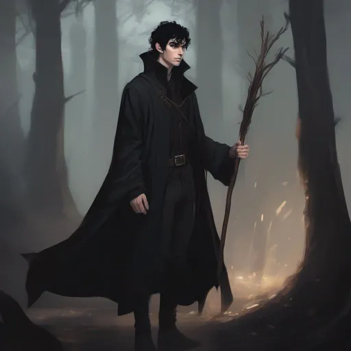 Prompt: dnd a male half-elf warlock with short messy black hair wearing a long black coat holding a wooden staff in a dark forest