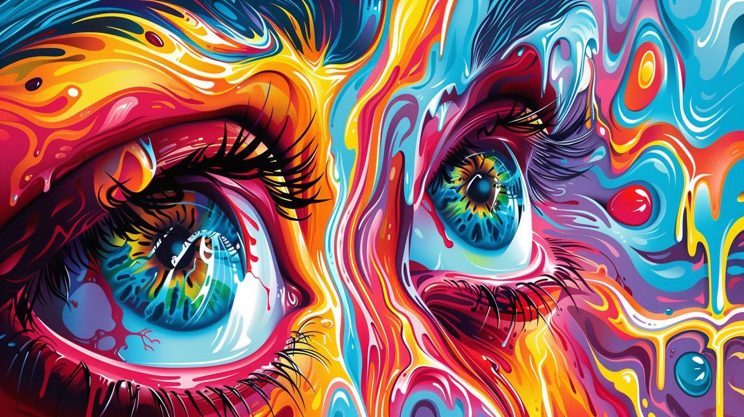 Prompt: a psychedelic art piece with bright colors and eyes, in the style of garbage pail kids, industrial paintings, detailed perfection, playful caricature, punctured canvases, neo-op --ar 16:9 --style raw --sref https://s.mj.run/N1it5hKR4RA --stylize 250