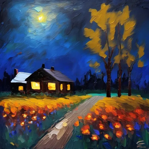 Prompt: Stylized rough 5th avenue by night impressionistic painting with large palette-knife, cabin in the woods, dark peaceful night, flowers in field, dark night sky with galazy