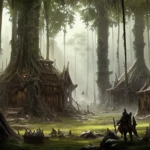 Prompt: post apocalyptic medival fantasy city in a huge forest jungle, 