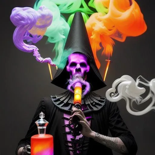 Prompt: evil necromancer smoking a bong and exhaling a cloud of lightly multicolored smoke
